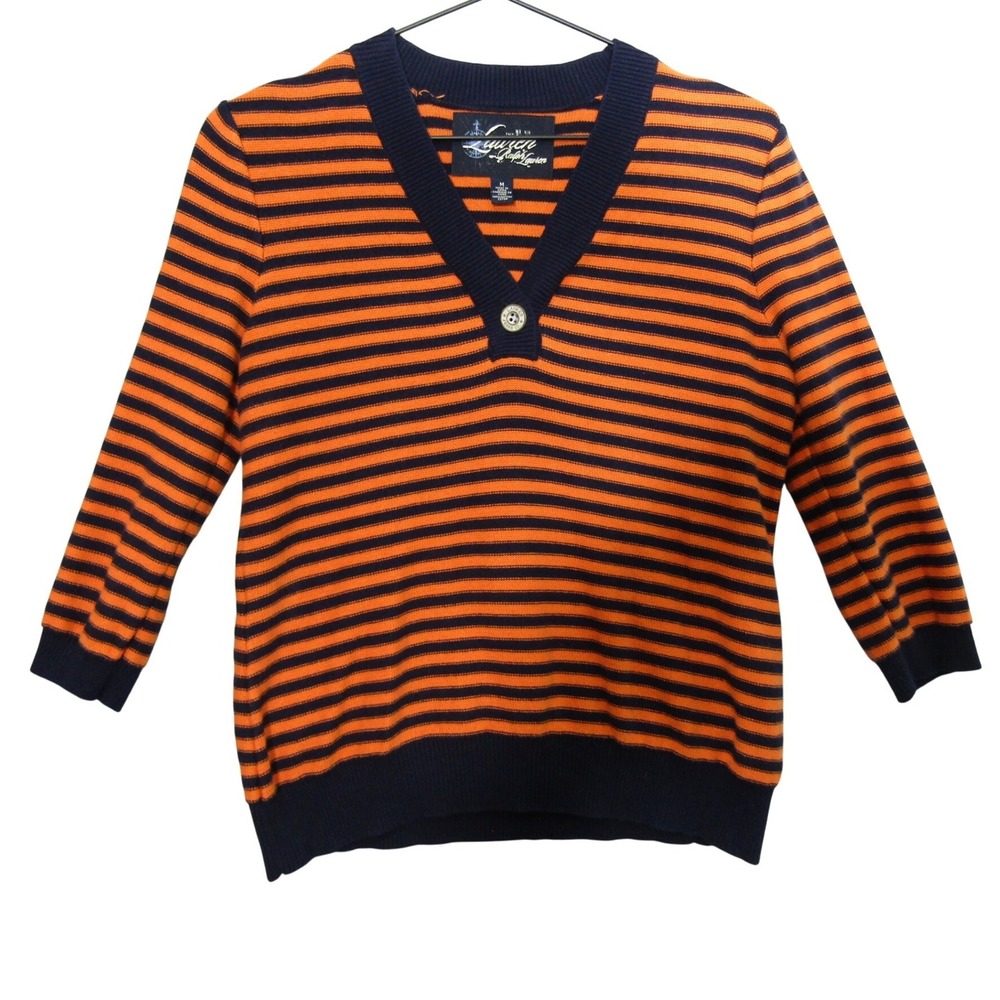 Lauren Ralph Lauren Sweater Womens Medium Orange Navy Blue Good Striped V-Neck